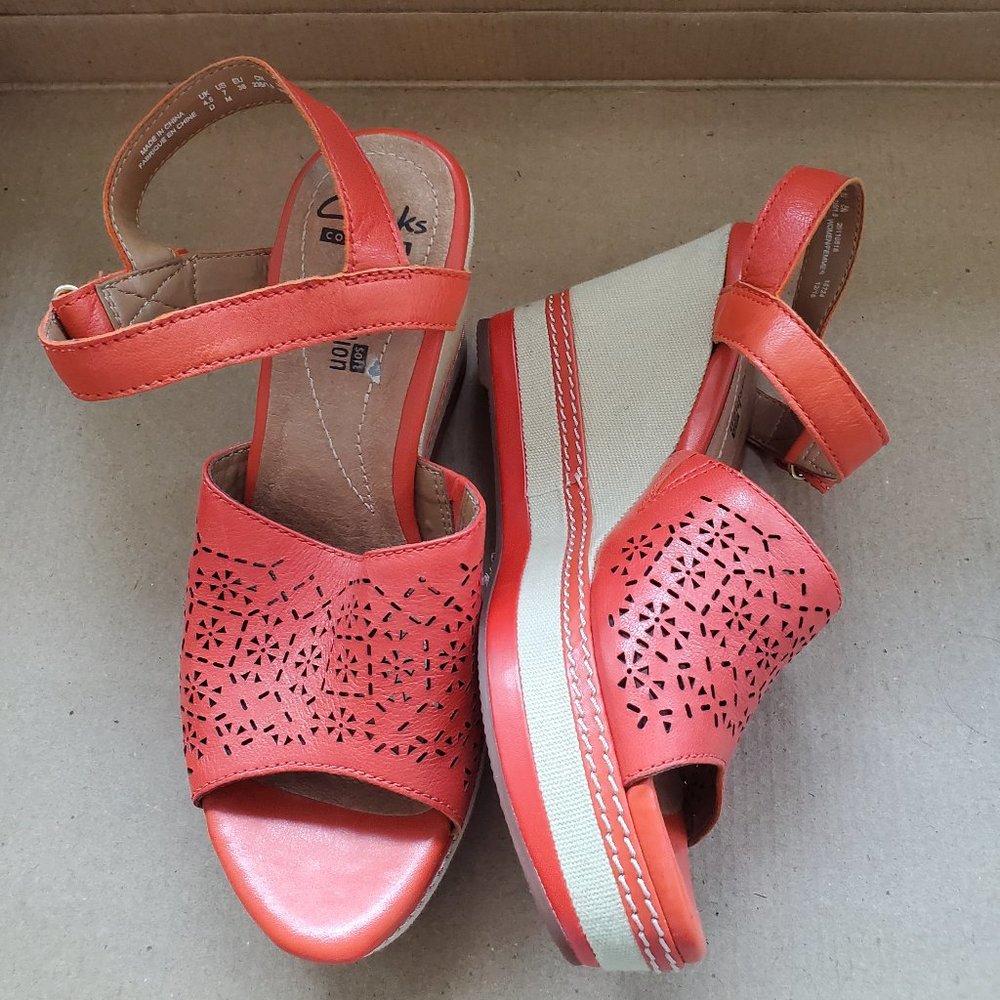 Clarks orange/coral wedge sandals sz 7